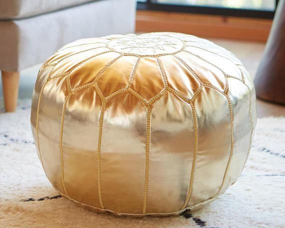 Moroccan Pouf Ottoman Pouffe Gold Faux Leather | Gold Pouf Ottoman Regarding Gold Faux Leather Ottomans With Pull Tab (View 7 of 20)