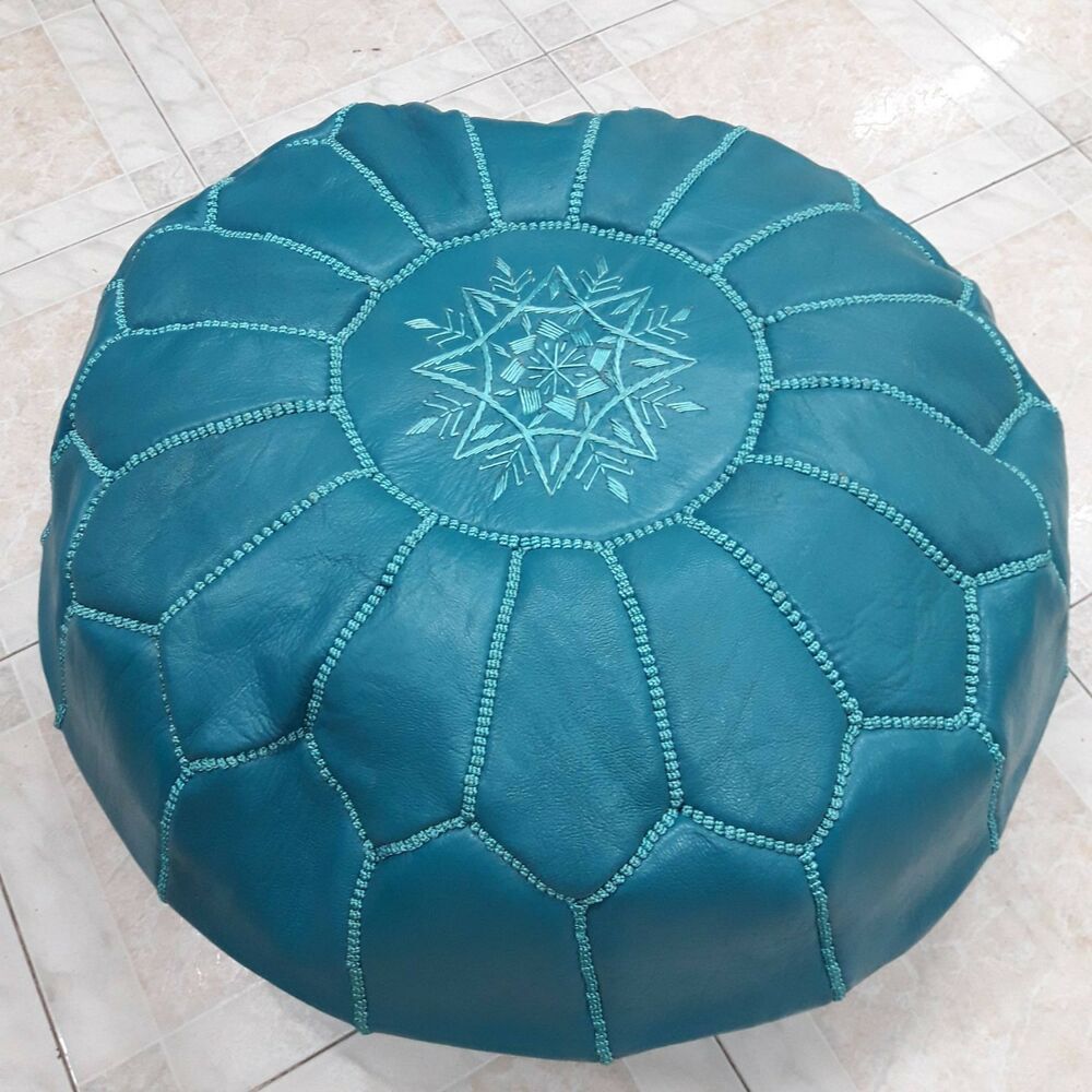 Moroccan Pouf Turquoise Moroccan Leather Pouf Ottoman Footstool Within Textured Aqua Round Pouf Ottomans (View 5 of 20)