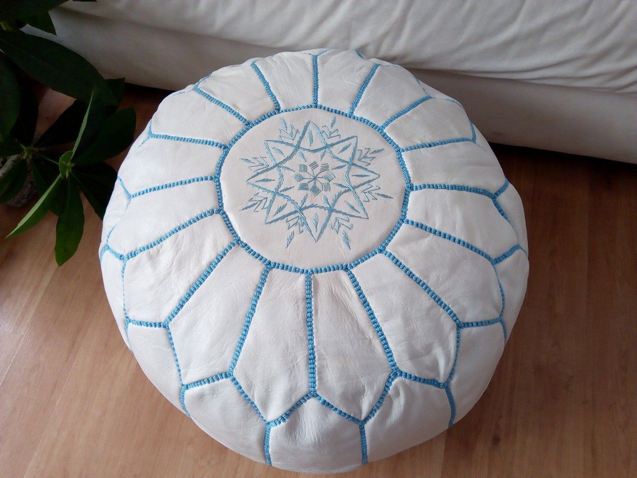 Moroccan White Pouf Light Blue Stitching – Leather Unstuffed Pouf Pertaining To Light Blue Cylinder Pouf Ottomans (View 11 of 20)