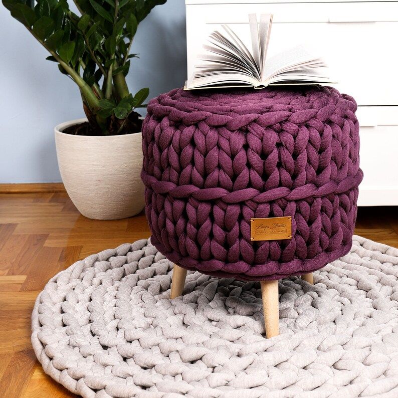 Mustard Knitted Pouf Ottoman Chunky Knit Pouffe Round Knit | Etsy Intended For Wool Round Pouf Ottomans (View 8 of 20)