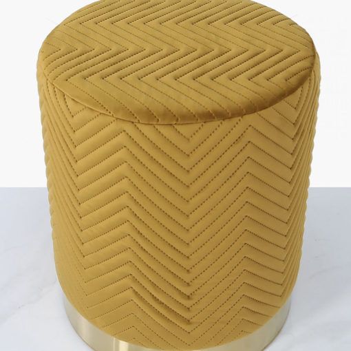Mustard Yellow Patterned Velvet And Gold Metal Round Footstool Ottoman Pertaining To Mustard Yellow Modern Ottomans (View 9 of 20)