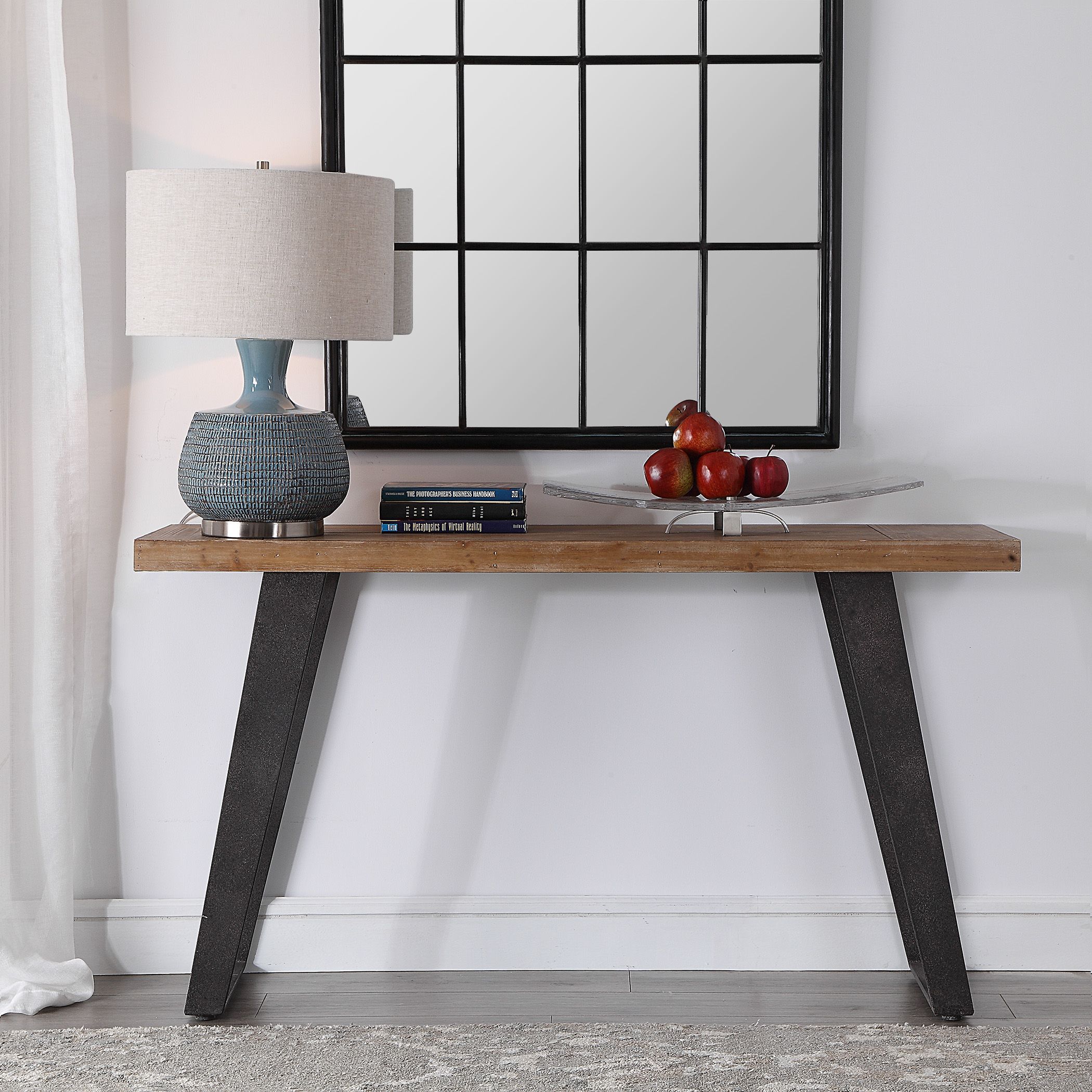 Narrow Industrial Metal & Wood Console Table Sofa Entryway Farmhouse With Gray Wood Black Steel Console Tables (Gallery 19 of 20)