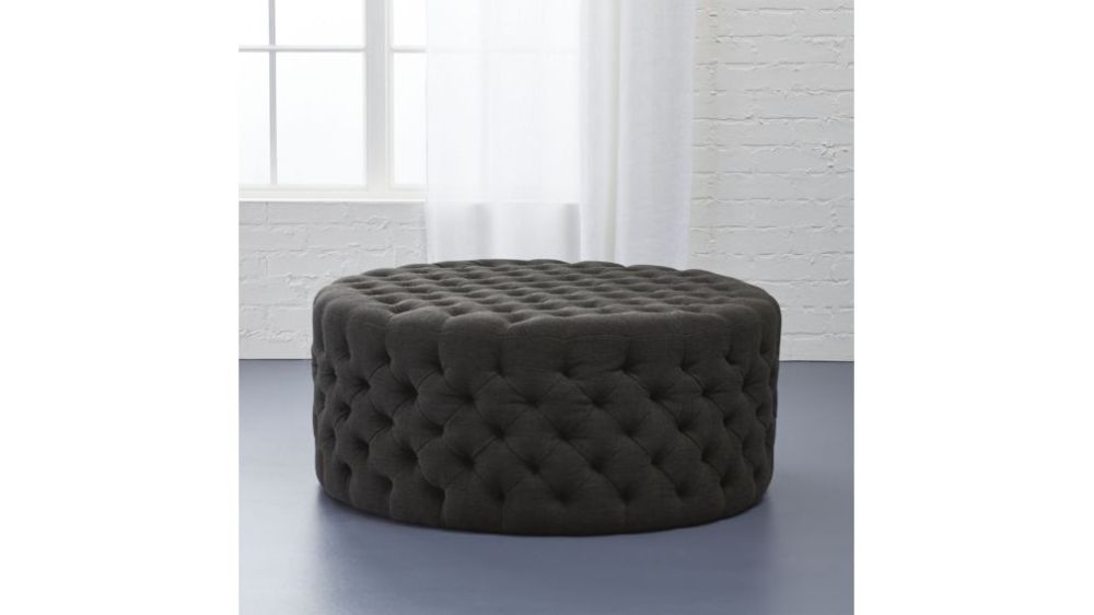 Natural Round Tufted Ottoman + Reviews | Cb2 In 2020 | Tufted Ottoman Intended For Natural Beige And White Cylinder Pouf Ottomans (View 7 of 20)