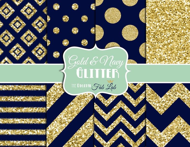 Navy And Gold Glitter Chevron Stripes Polka Dots Digital | Etsy For Navy Blue And White Striped Ottomans (View 15 of 20)