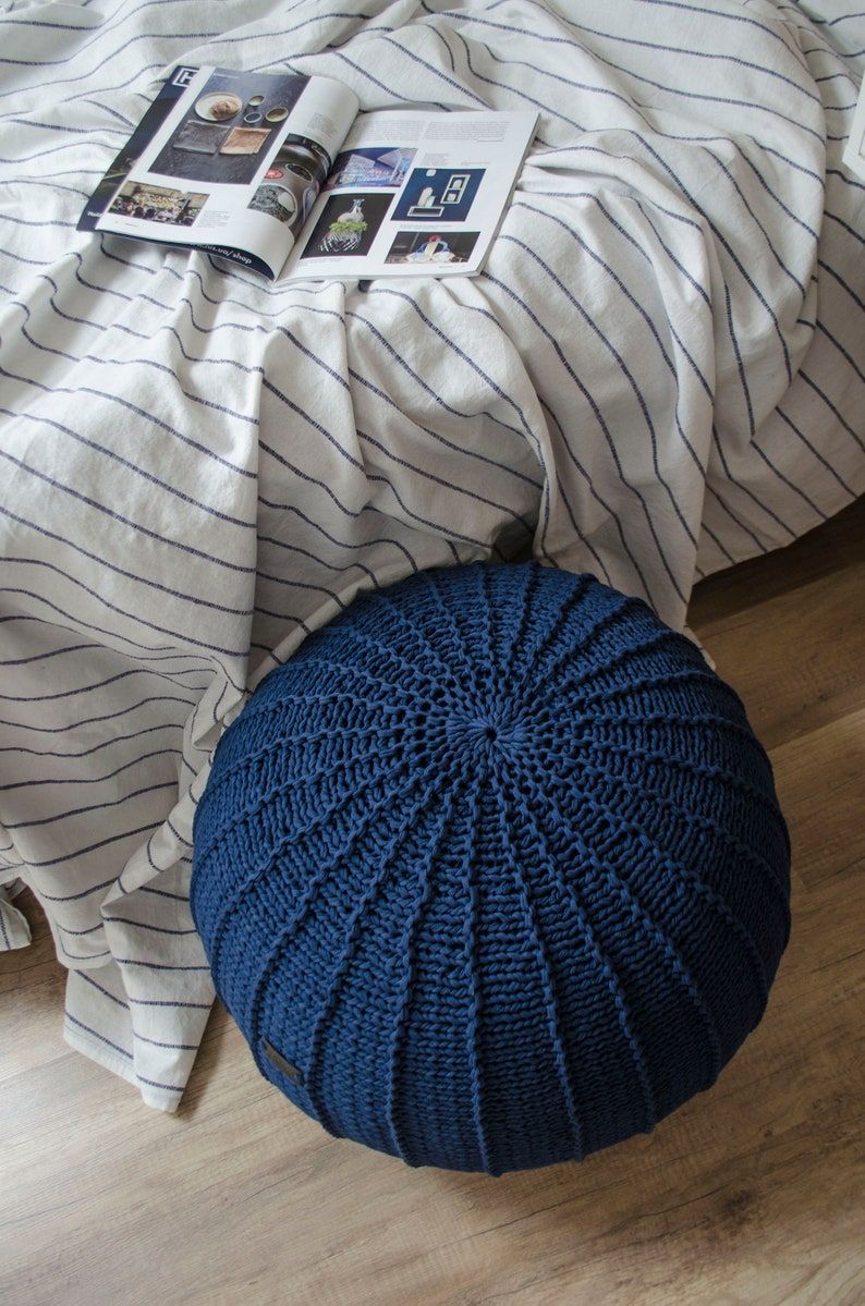 Navy Blue Chunky Knit Pouf Footstool Pouf Ottoman Knitted | Etsy In Dark Blue And Navy Cotton Pouf Ottomans (View 19 of 20)