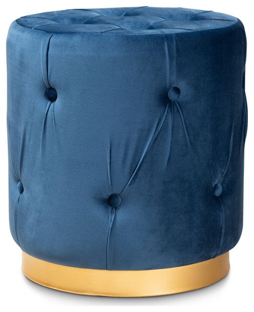 Navy Blue Velvet Fabric Upholstered Gold Finished Button Tufted Ottoman Inside Blue Fabric Tufted Surfboard Ottomans (View 8 of 20)