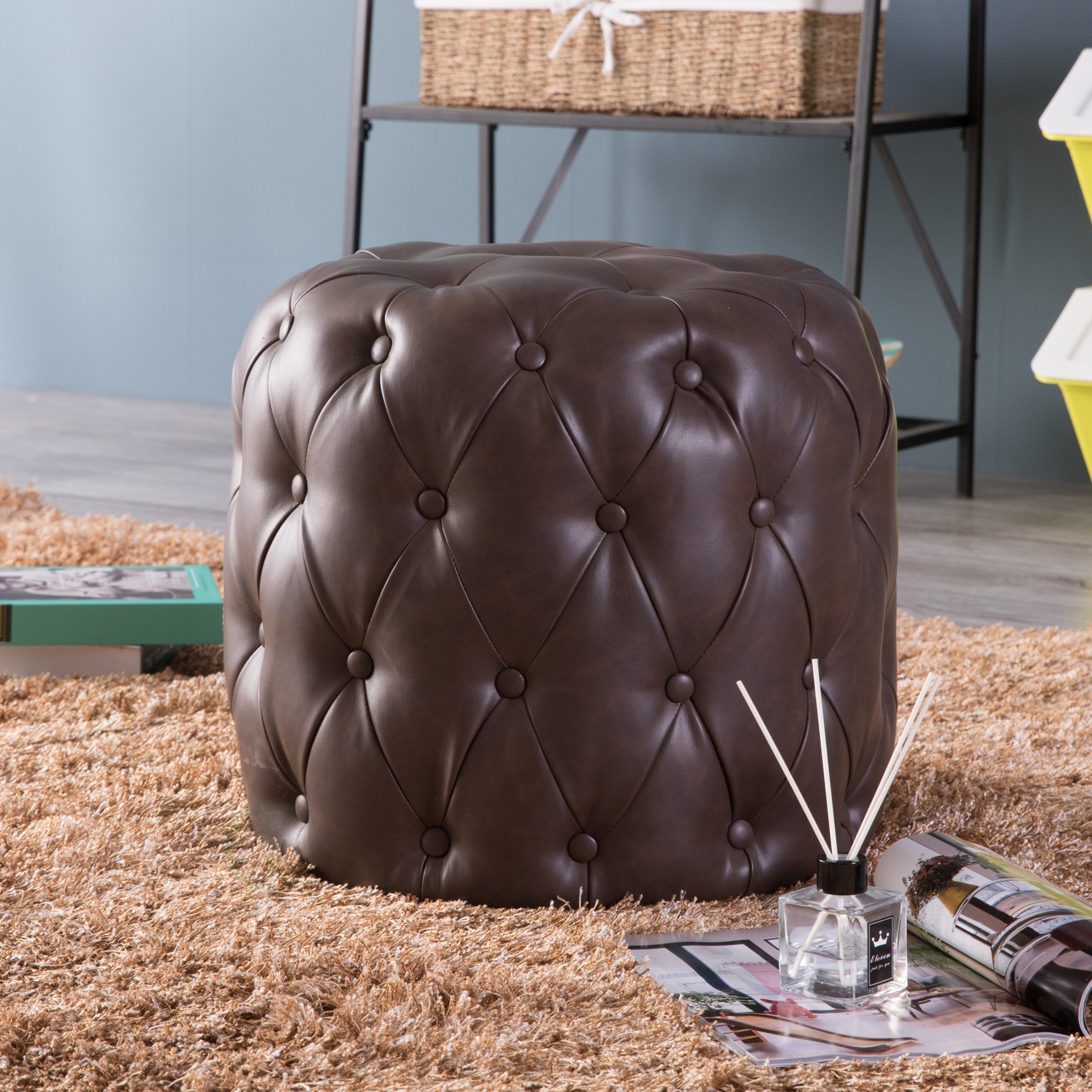 New Bold Tones Tufted Modern Leather Round Ottoman Stool, Brown | Ebay For Orange Tufted Faux Leather Storage Ottomans (View 18 of 20)