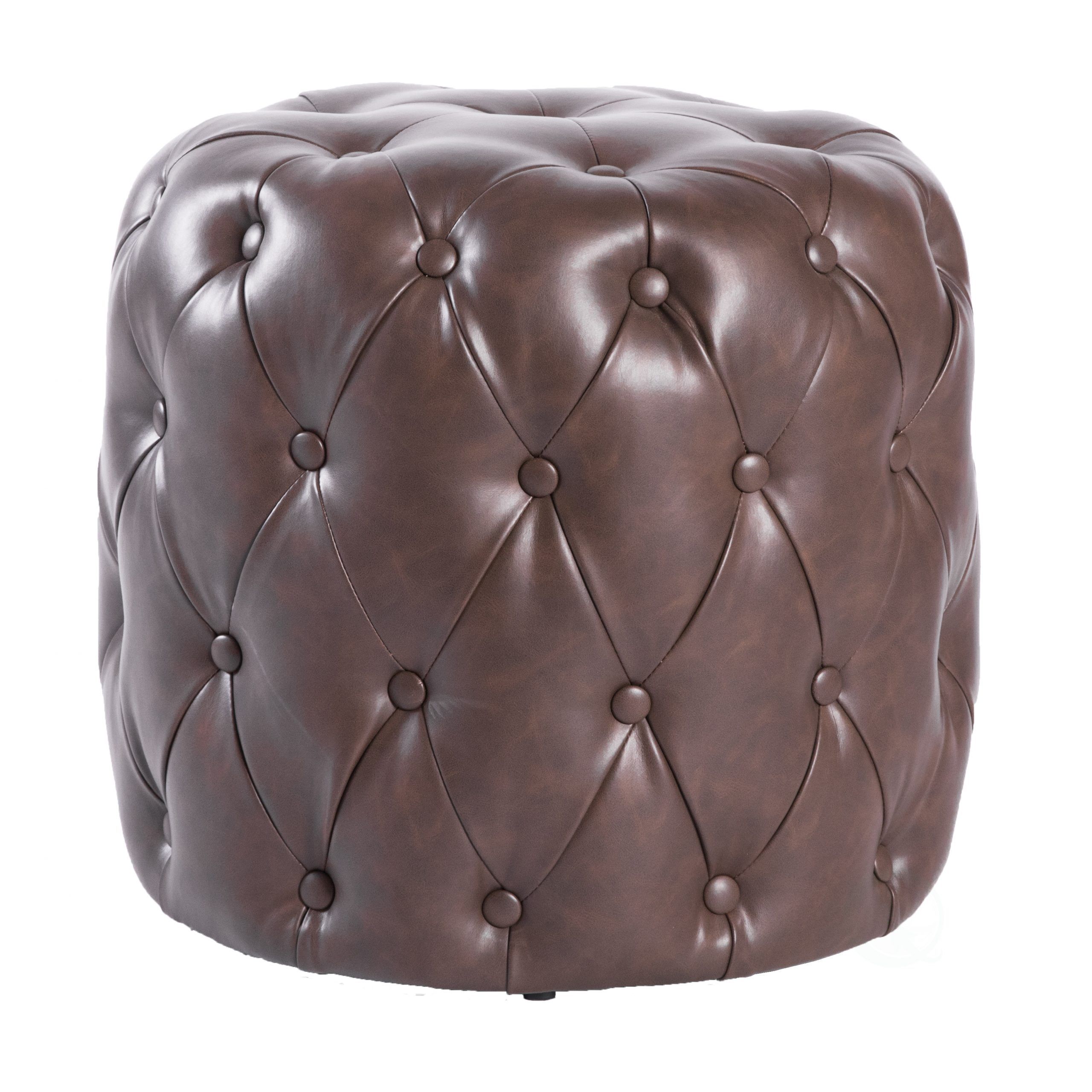 New Bold Tones Tufted Modern Leather Round Ottoman Stool, Brown | Ebay Inside Round Beige Faux Leather Ottomans With Pull Tab (View 17 of 20)