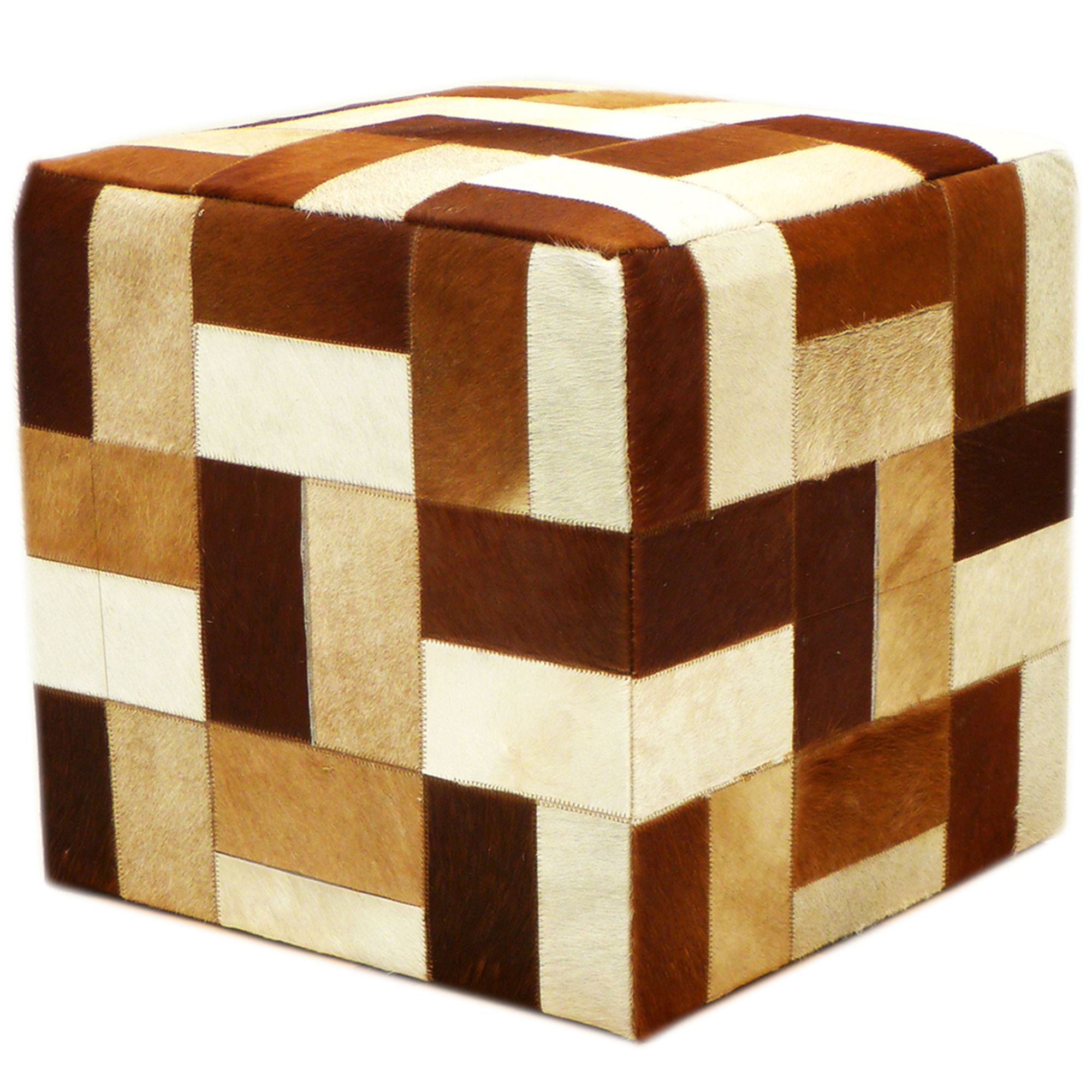 New Brown Geometric Patchwork Cow Hide Ottoman – Boyle,ottomans Throughout Warm Brown Cowhide Pouf Ottomans (View 11 of 20)