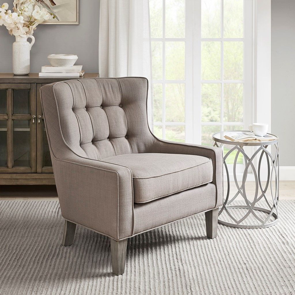 New Cushing Accent Chair Solid Wood Grey Transitional Madison Park Within Smoke Gray Wood Accent Stools (View 6 of 20)