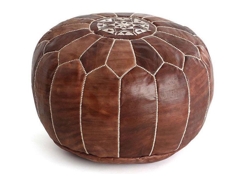 New Luxury Vintage Dark Tan Moroccan Leather Pouffe Pouf & Ottoman With Regard To Beige And White Tall Cylinder Pouf Ottomans (View 17 of 20)