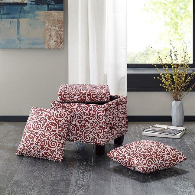 New Shelley Square Storage Ottoman Pillows Solid Wood, Birch Red Intended For Red Fabric Square Storage Ottomans With Pillows (Gallery 20 of 20)
