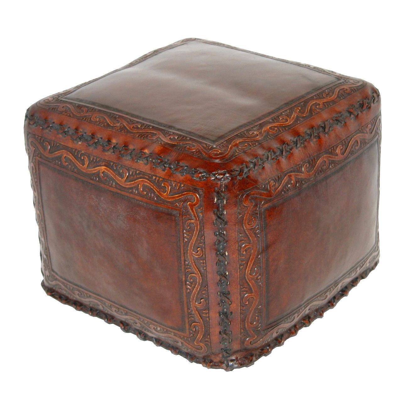 New World Trading Classic Stitch Leather Ottoman | Leather Pouf With Weathered Ivory Leather Hide Pouf Ottomans (View 12 of 20)