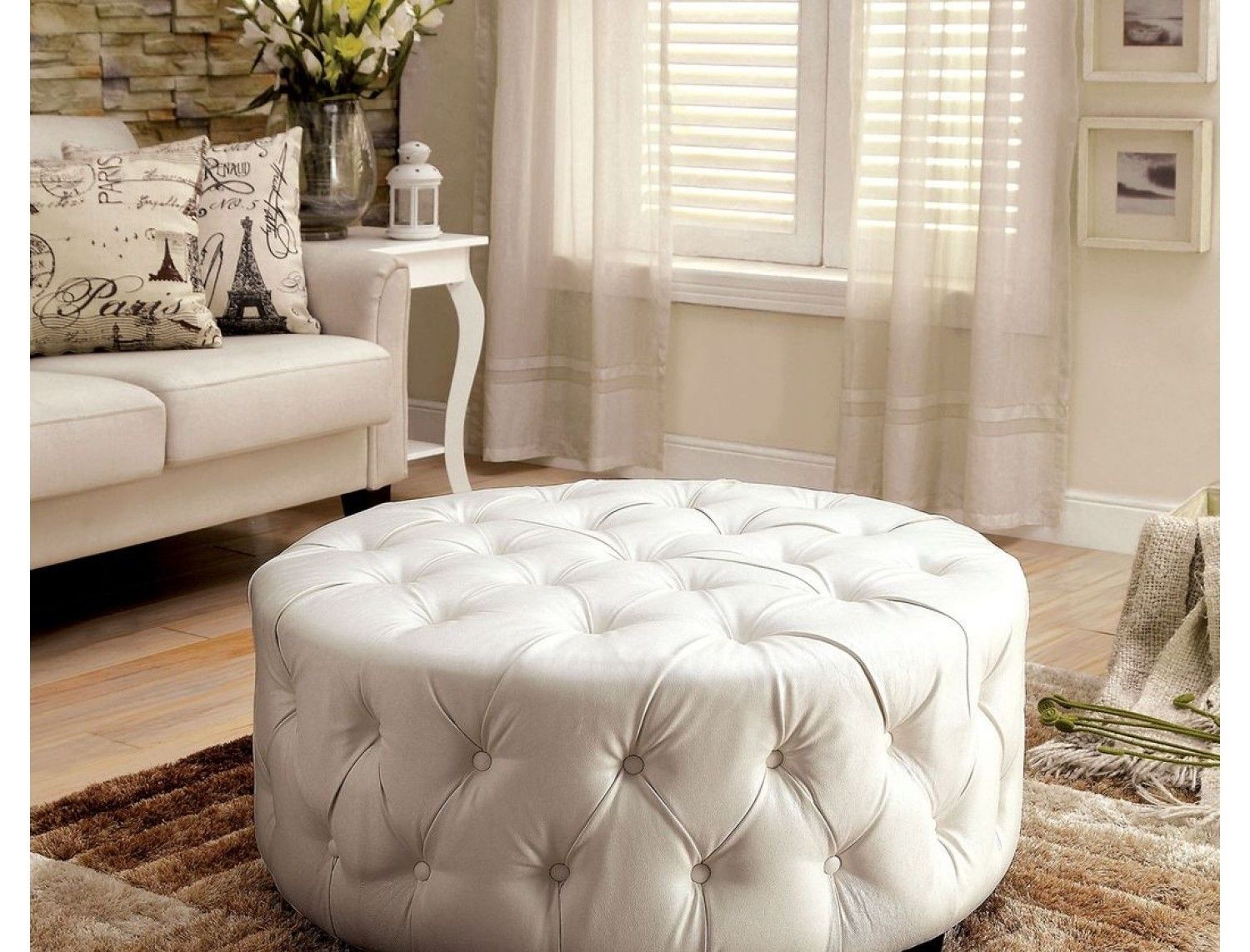 Newport Round Ottoman In White – Ottomans – Living Room Throughout White Solid Cylinder Pouf Ottomans (View 3 of 18)