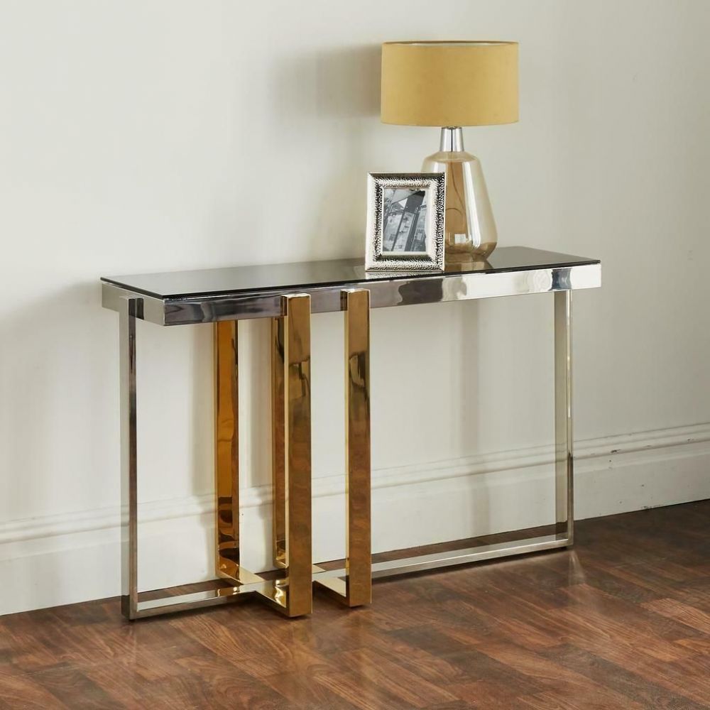 Nexus Modern Silver & Gold Stainless Steel Metal Grey Glass Console Intended For Glass And Stainless Steel Console Tables (View 10 of 20)