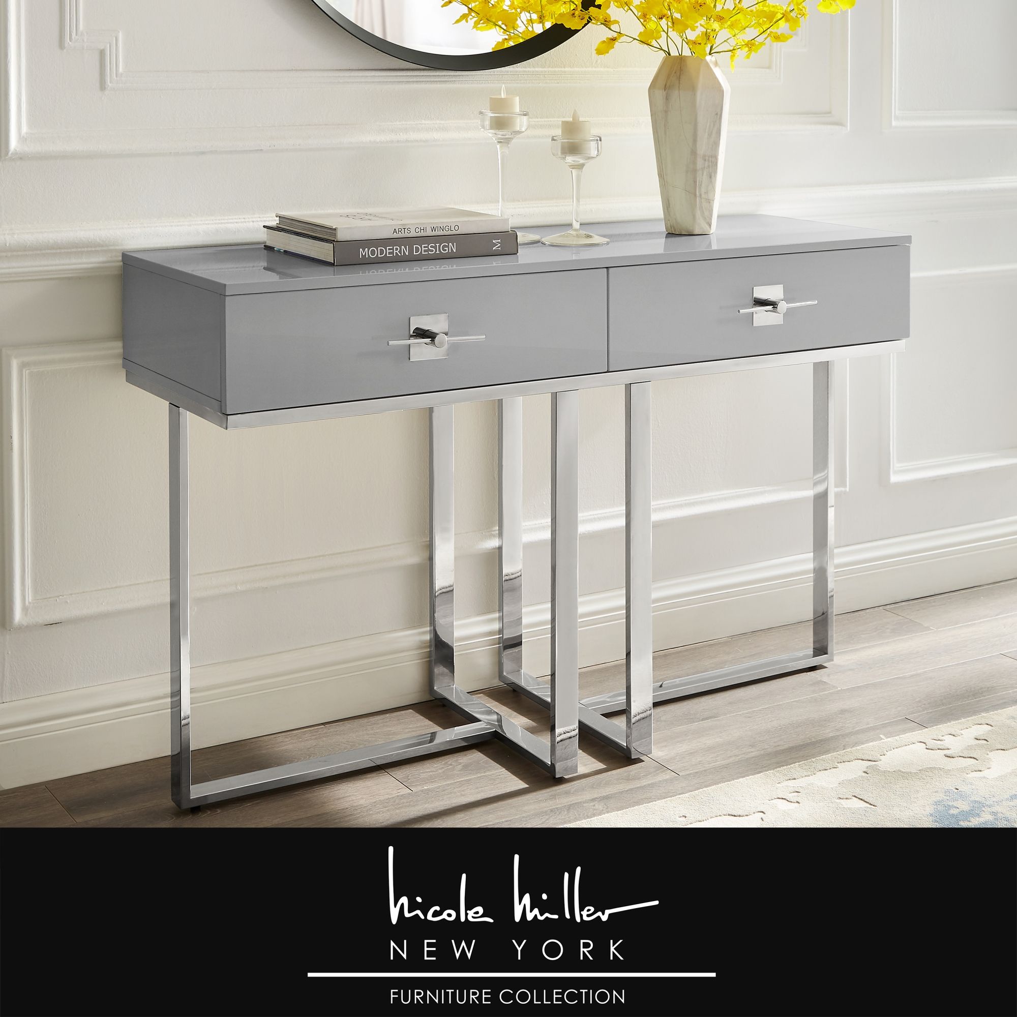 Nicole Miller Meli Console Table 2 Drawers Hight Gloss Lacquer Finish Within Gray Wood Black Steel Console Tables (View 6 of 20)