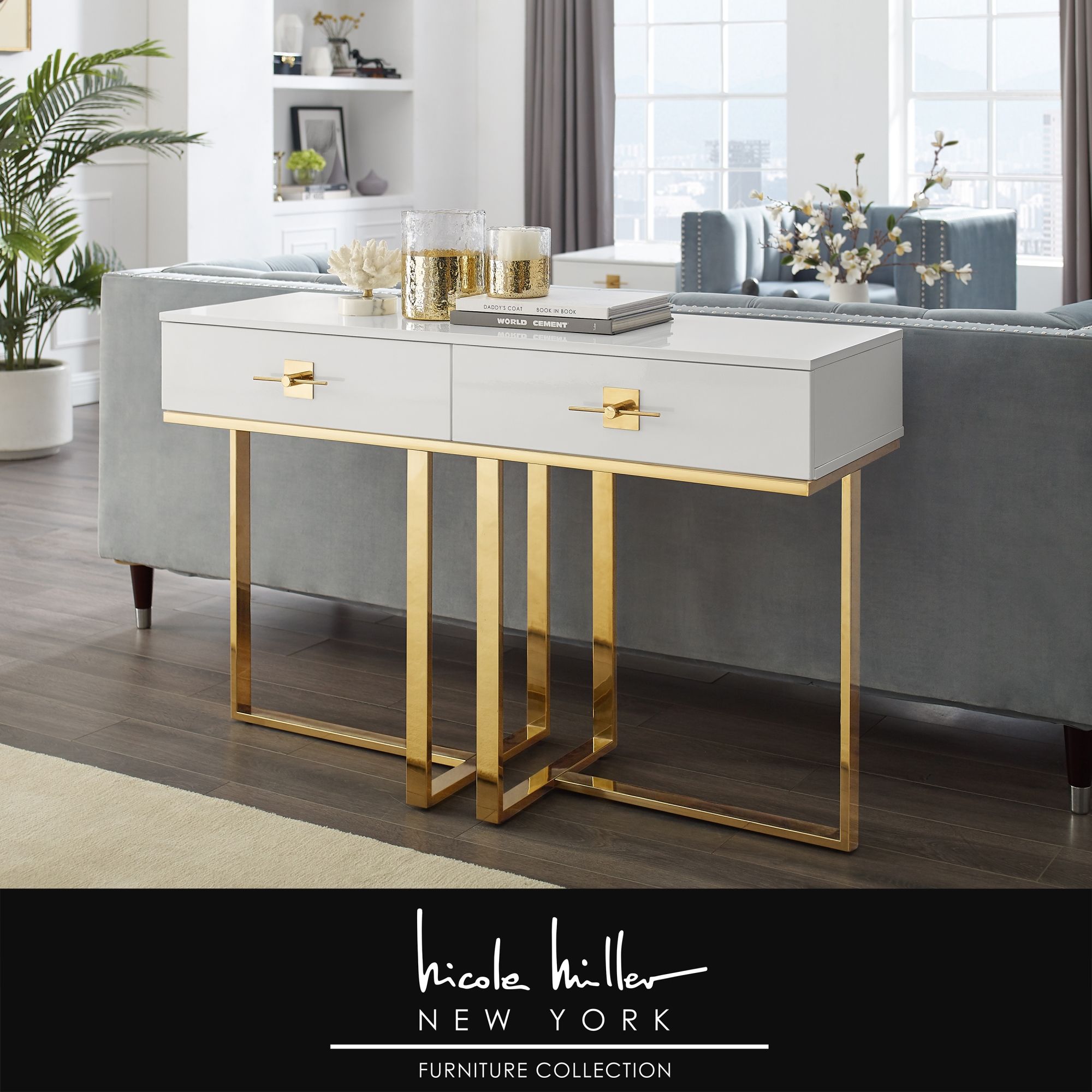Nicole Miller Meli Console Table 2 Drawers Hight Gloss Lacquer Finish Within Metallic Gold Console Tables (View 11 of 20)