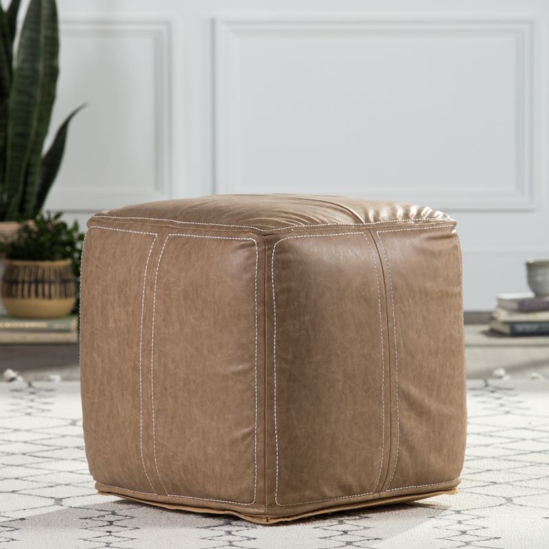 Nikki Chusuave Solid Taupe Cube Pouf | Painted Fox Home Regarding Gray And Beige Trellis Cylinder Pouf Ottomans (View 12 of 20)