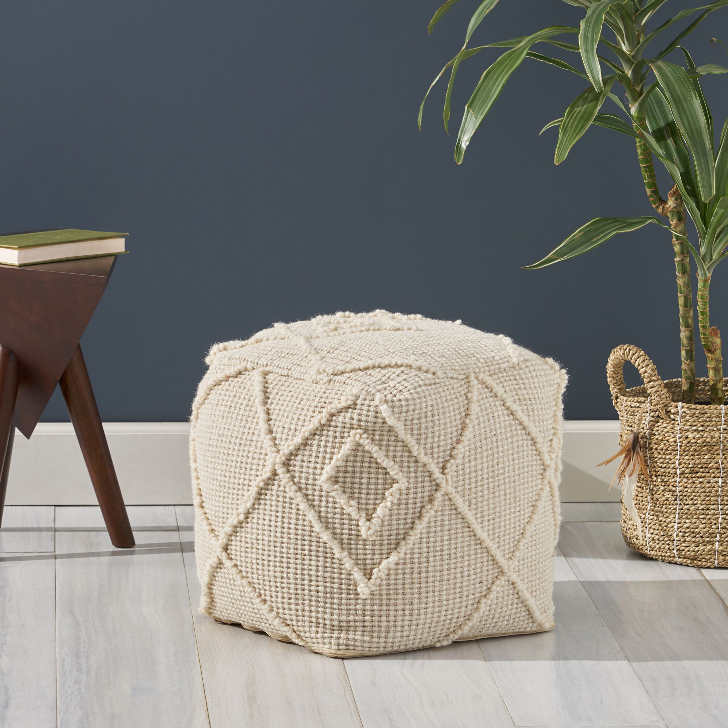 Noble House Cube Geometric Woven Wool Pouf, Off White – Walmart For White Ivory Wool Pouf Ottomans (View 5 of 20)