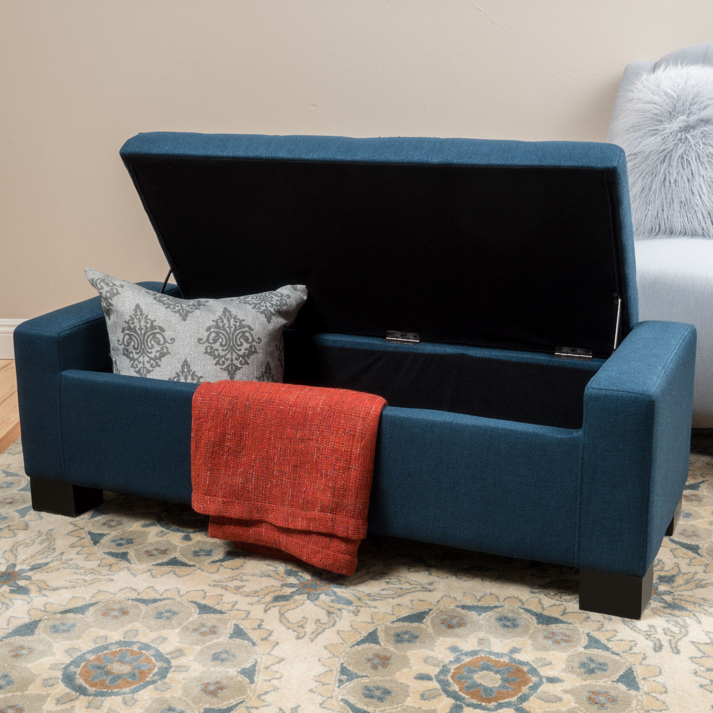 Noble House Henry Contemporary Tufted Fabric Storage Ottoman Bench For Blue Fabric Tufted Surfboard Ottomans (View 12 of 20)