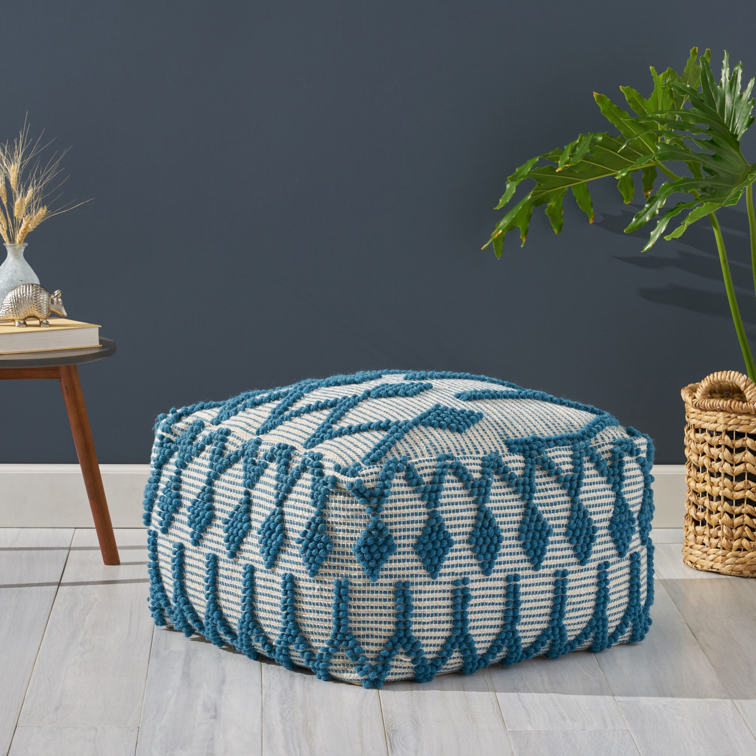 Noble House Liliana Boho Wool And Cotton Large Ottoman Pouf, Teal And Regarding Charcoal And White Wool Pouf Ottomans (View 4 of 20)
