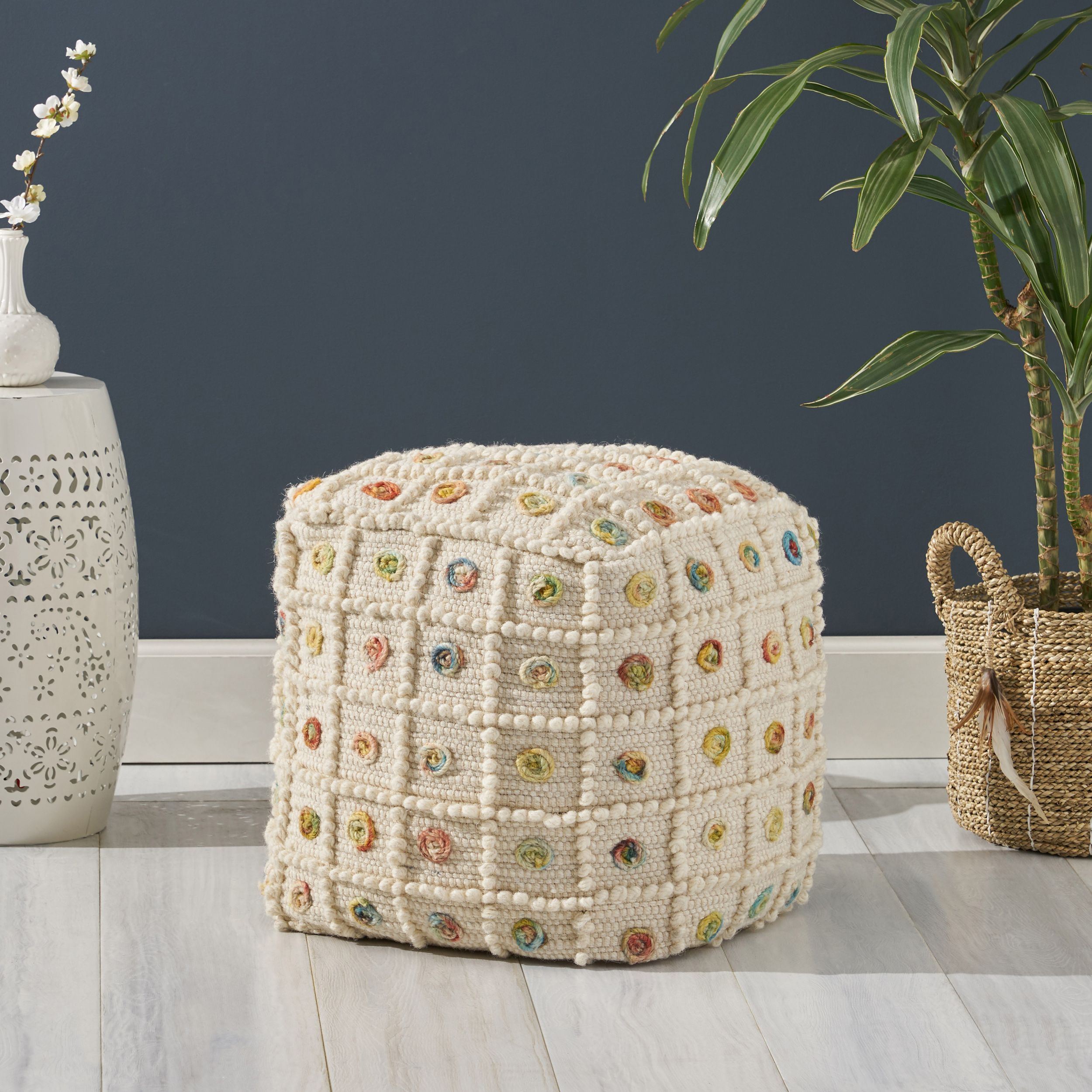 Noble House Miracle Boho Wool And Cotton Ottoman Pouf, White And Within Charcoal And White Wool Pouf Ottomans (View 9 of 20)