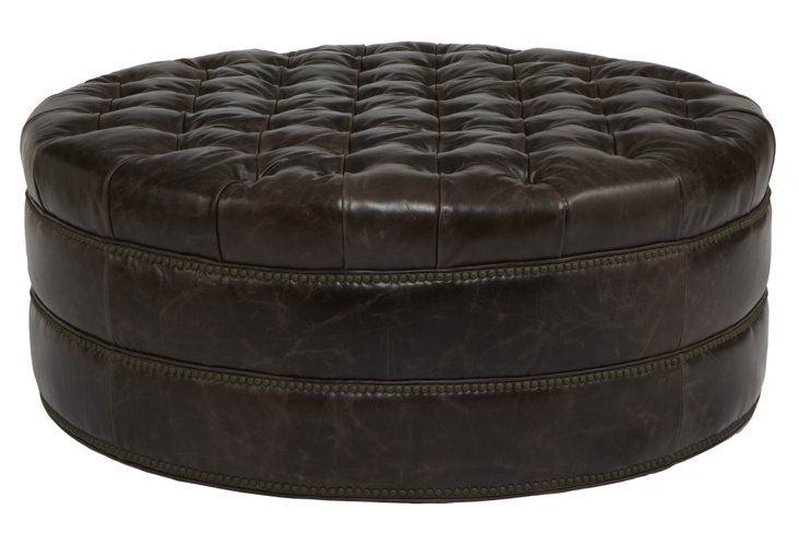 Nora Tufted Leather Ottoman, Dark Brown | Round Leather Ottoman For Brown Faux Leather Tufted Round Wood Ottomans (View 7 of 20)