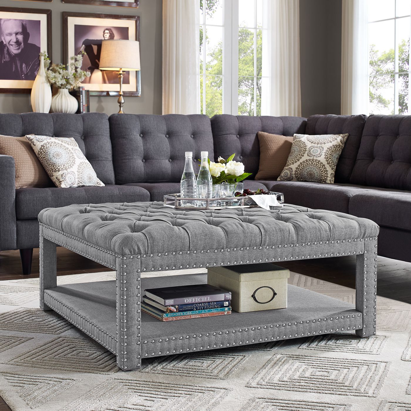 Normandie Grey Fabric Button Tufted Padded Cocktail Ottoman W/ Nailhead Within Gray Fabric Tufted Oval Ottomans (Gallery 19 of 20)
