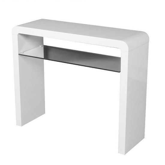 Norset Medium Console Table In White Gloss With 1 Glass Shelf Inside Gloss White Steel Console Tables (View 11 of 20)