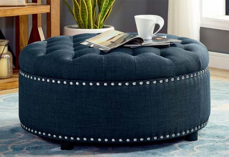 Oah D1029 Charlton Home Freya Dark Blue Linen Like Fabric Round Storage Within Gray Fabric Round Modern Ottomans With Rope Trim (View 10 of 20)