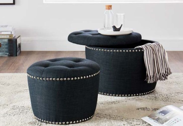 Oah D1040 2 Pc Charlton Home Freya Dark Blue Linen Like Fabric Round Intended For Blue Fabric Nesting Ottomans Set Of 2 (Gallery 20 of 20)