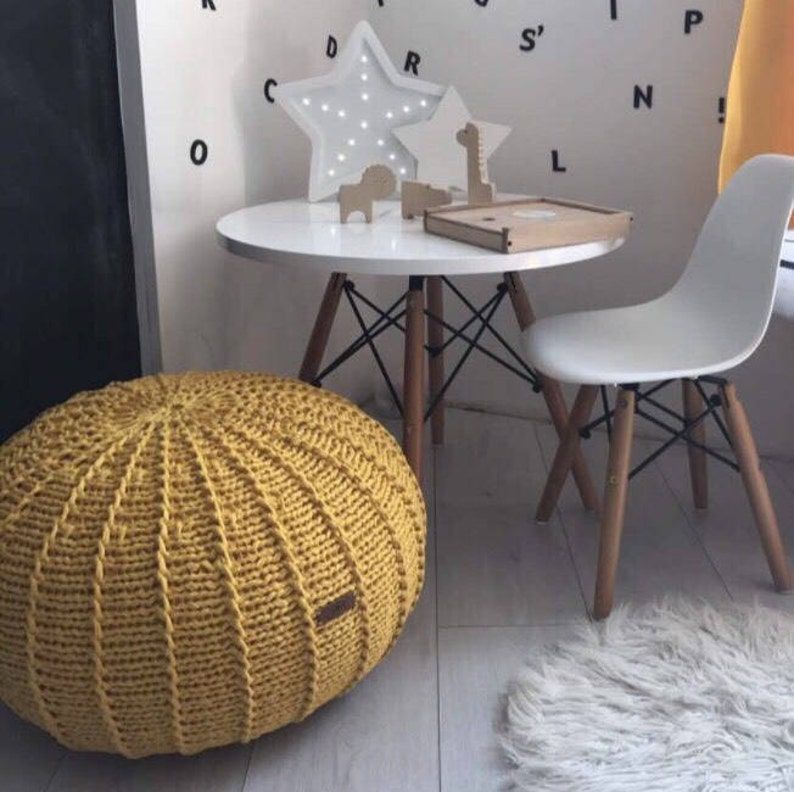 Ochre Yellow Floor Pouf Ottoman Knitted Pouf Knit Pouf | Etsy With Regard To Textured Yellow Round Pouf Ottomans (View 18 of 20)