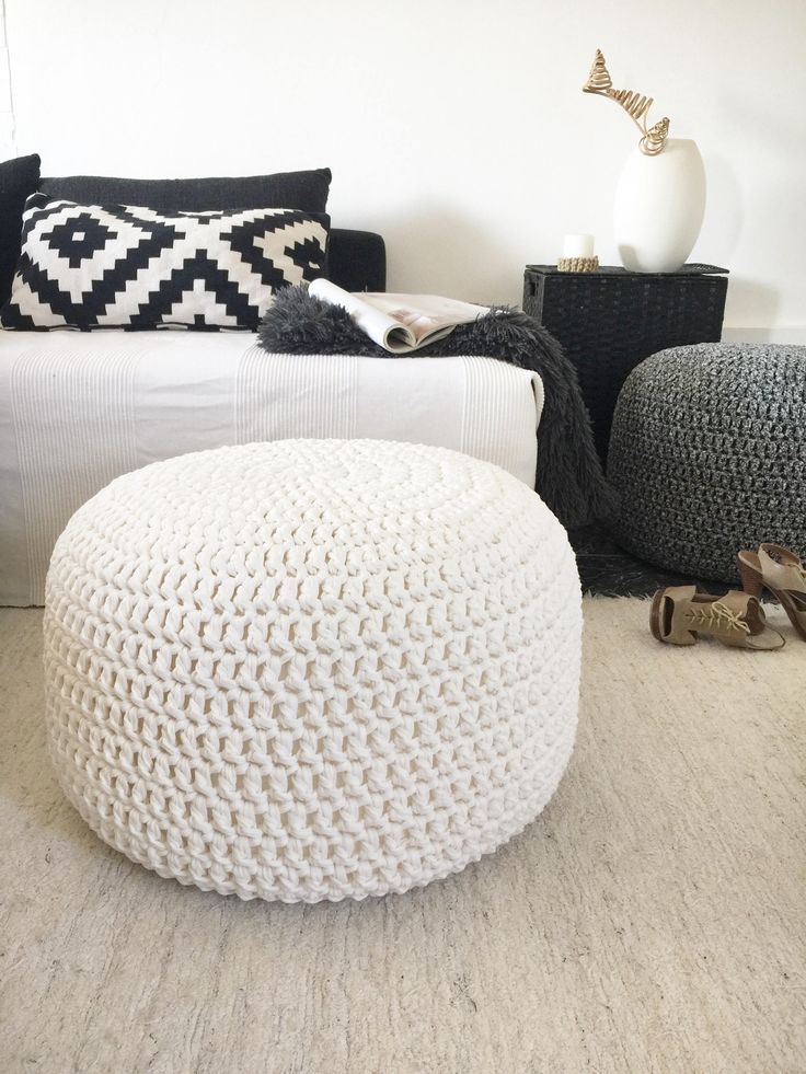 Off White Crochet Large Pouf 24 In Round Ottoman Coffee | Etsy | Pouf With Regard To White Ivory Wool Pouf Ottomans (View 7 of 20)