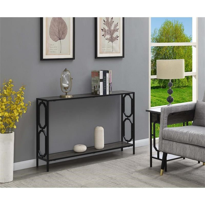 Omega Black Metal Frame Console Table In Weathered Gray Wood Finish Inside Black Metal Console Tables (View 8 of 20)