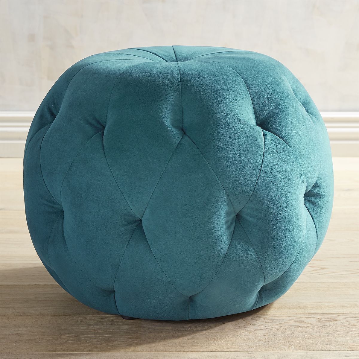 Ormand Teal Velvet Ottoman | Pier 1 Imports | Tufted Ottoman, Round With Regard To Teal Velvet Pleated Pouf Ottomans (View 18 of 20)