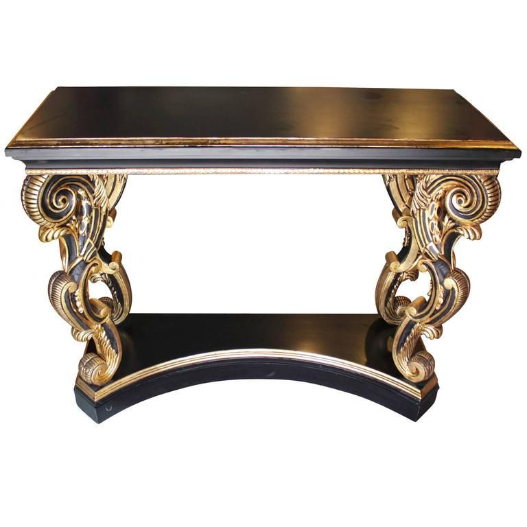 Ornate Vintage Carved Gold And Black Rectangular Console Or Entry Table Pertaining To Black And Gold Console Tables (View 5 of 20)