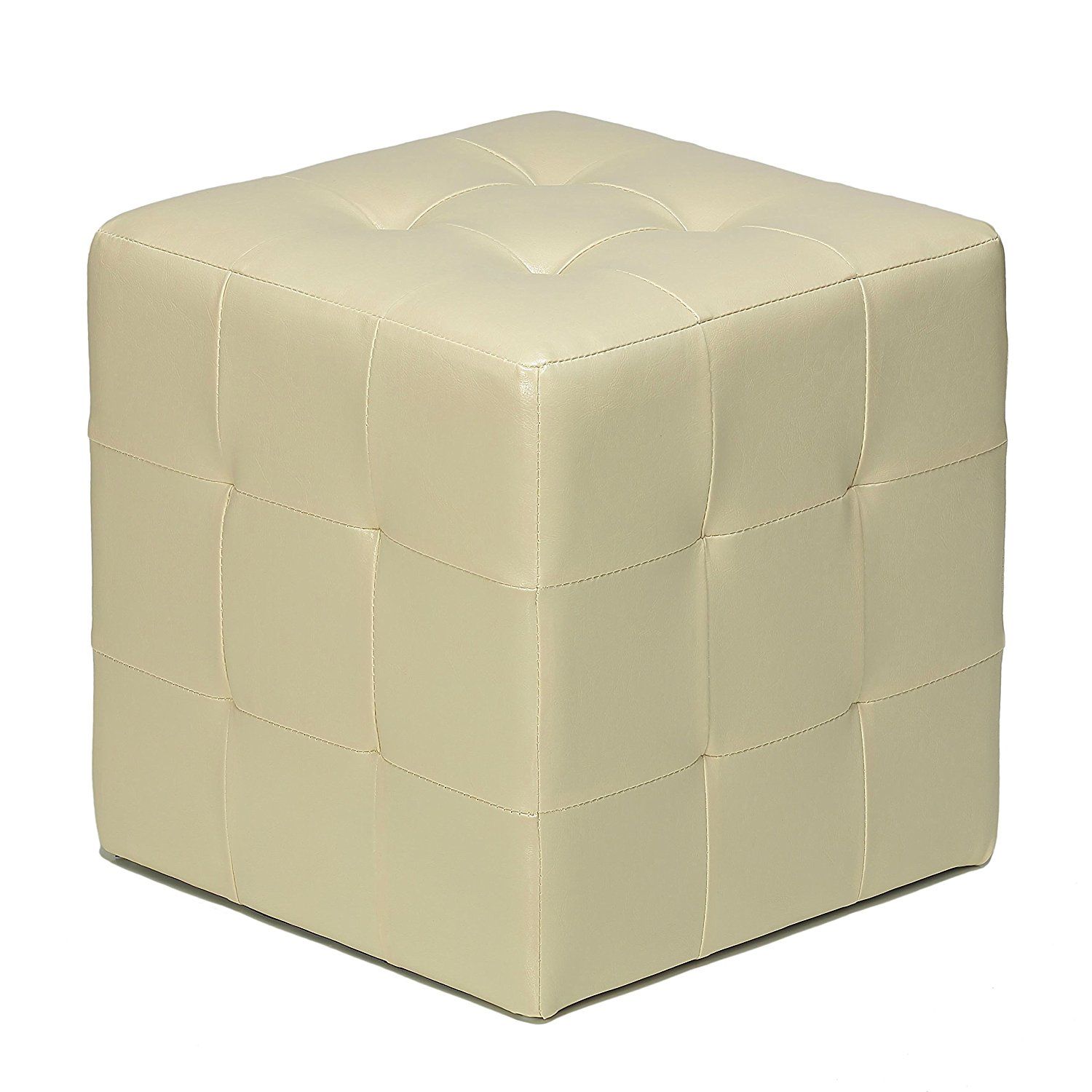 Ottoman Faux Leather Cube With Sturdy Round Plastic Legs (ivory Throughout Weathered Ivory Leather Hide Pouf Ottomans (View 1 of 20)