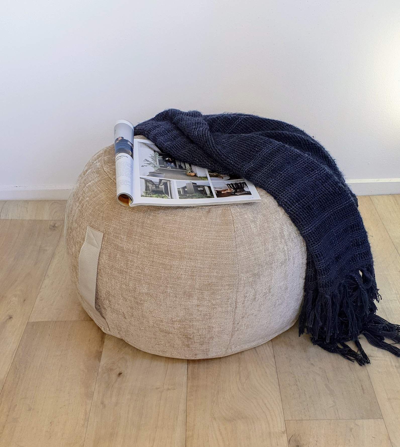 Ottoman Pouf, Beige Chenille Pouf, Neutral Round Pouf, Beanbag Pouf Throughout Natural Beige And White Cylinder Pouf Ottomans (View 8 of 20)
