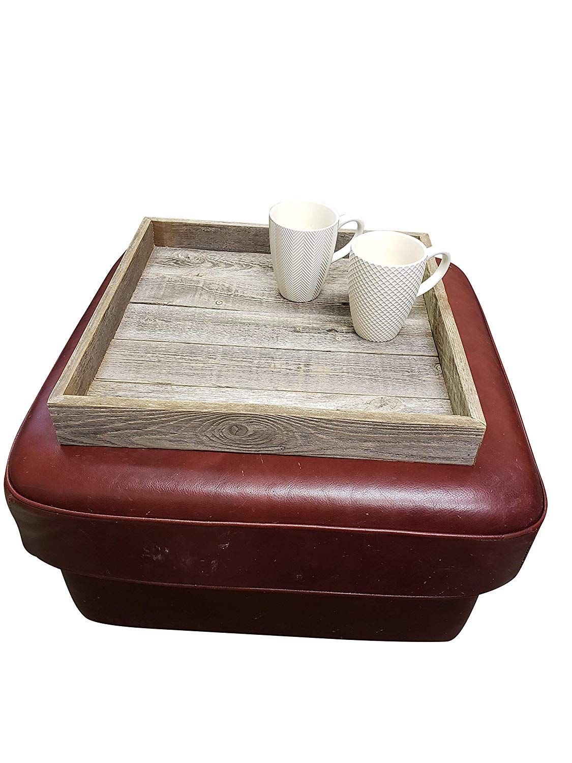 Ottoman Tray Made With Rustic Reclaimed Wood – Large Square Design For With Weathered Wood Ottomans (View 8 of 20)
