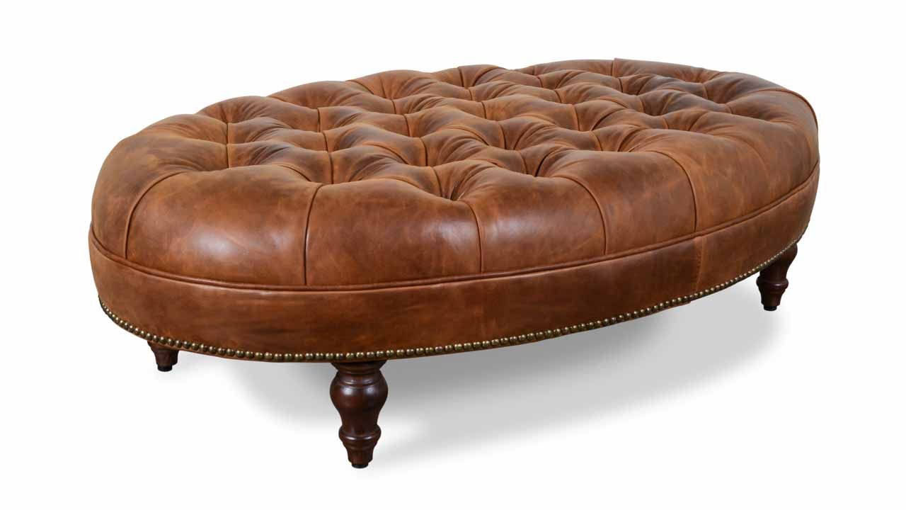 Oval Leather Tufted Ottoman With Nailheads | Cococo Home Inside Gray Fabric Tufted Oval Ottomans (View 4 of 20)
