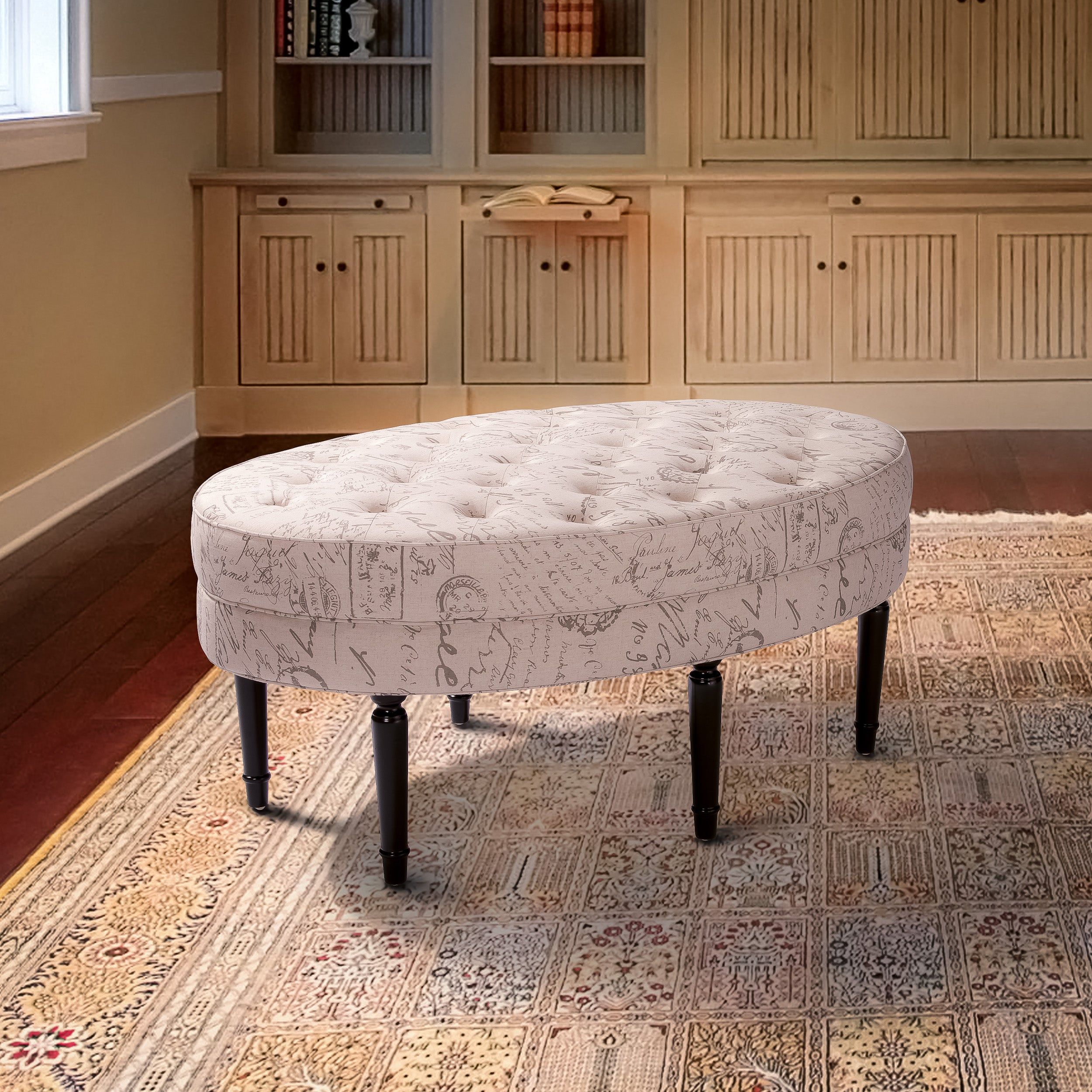 Oval Script Tufted Linen Ottoman – Free Shipping Today – Overstock For Gray Fabric Tufted Oval Ottomans (View 7 of 20)