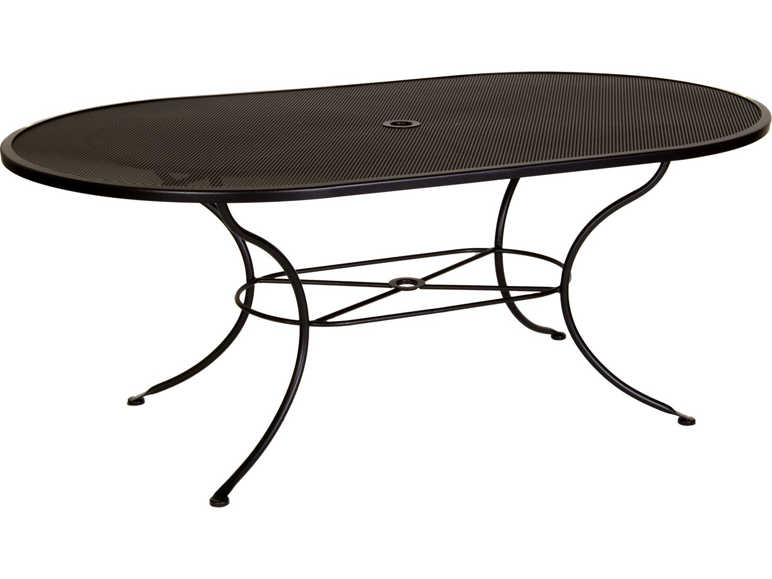 Ow Lee Micro Mesh Wrought Iron 72 X 42 Oval Dining Table With Umbrella In Oval Aged Black Iron Console Tables (View 14 of 20)