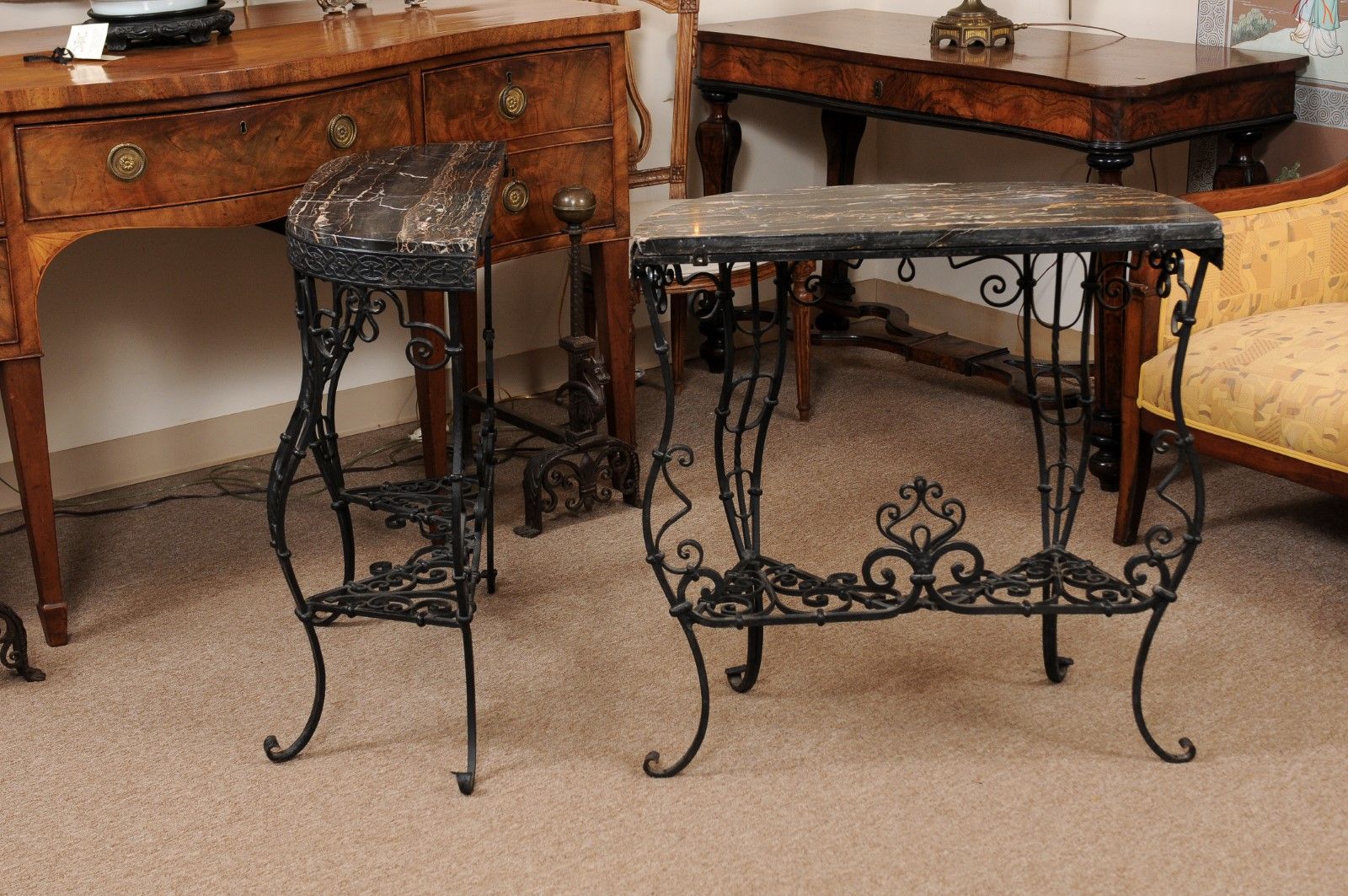 Pair Of Iron Console Tables With Cabriole Legs, Scroll Detail, & Black Throughout Aged Black Iron Console Tables (View 10 of 20)
