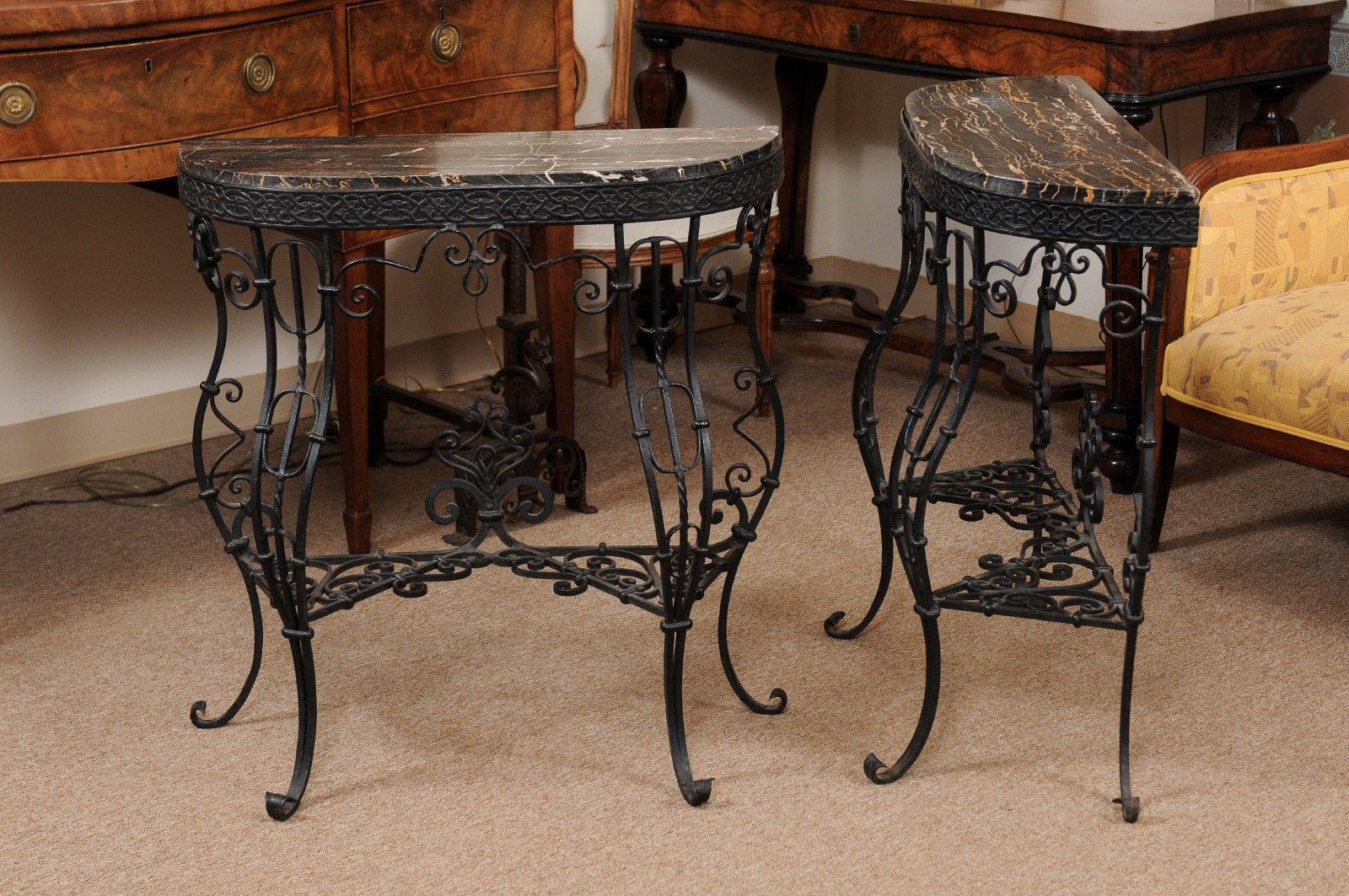 Pair Of Iron Console Tables With Cabriole Legs, Scroll Detail, & Black Throughout Round Iron Console Tables (View 3 of 20)