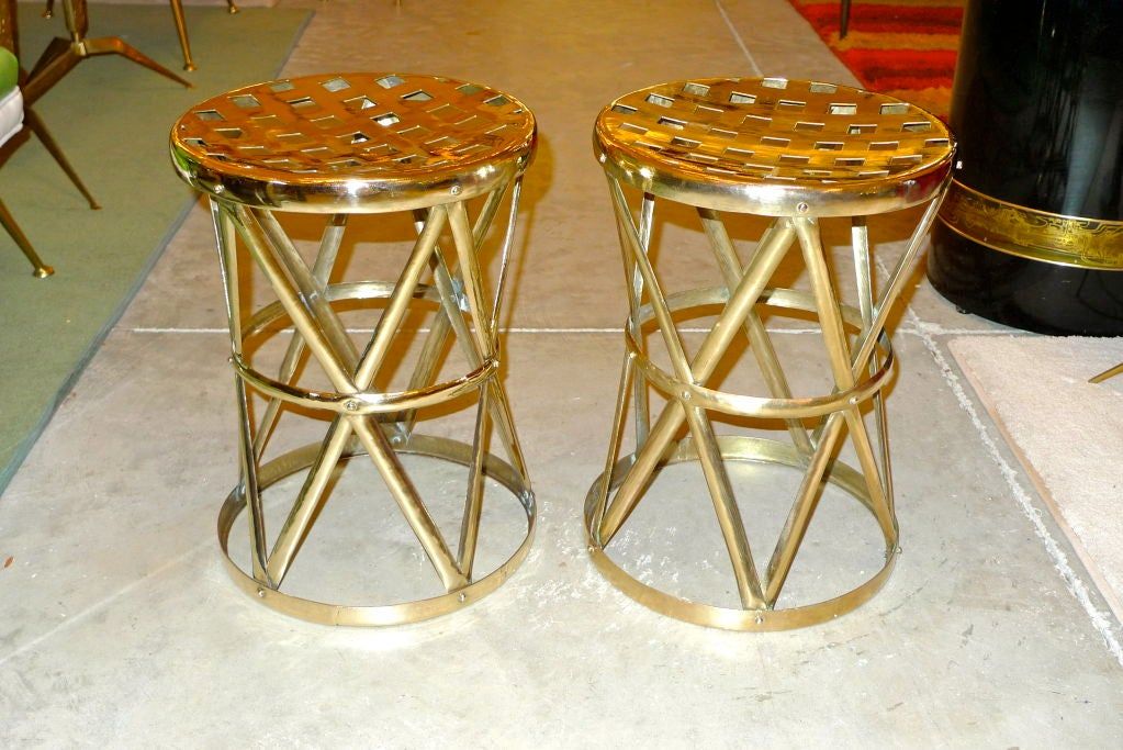 Pair Of Vintage Brass Woven Strapwork Stools At 1stdibs Pertaining To Espresso Antique Brass Stools (View 2 of 20)