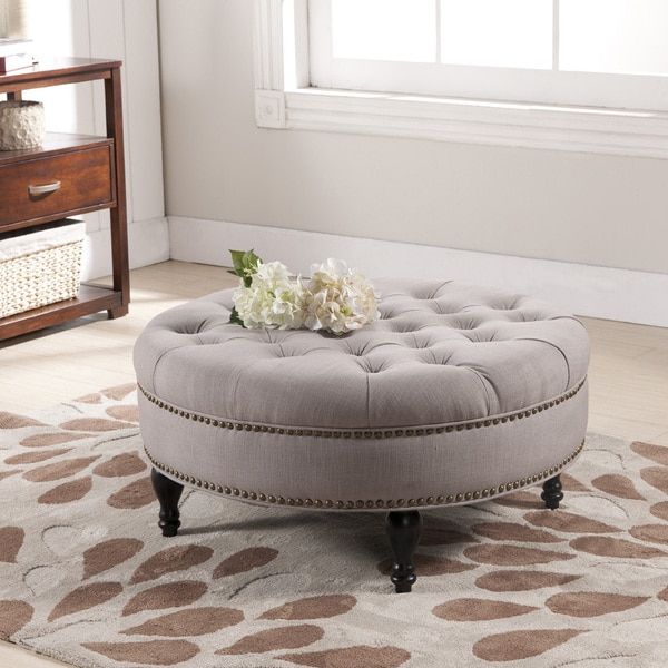 Palfrey Beige Linen Modern Tufted Ottoman – 15754790 – Overstock Intended For Beige Cotton Pouf Ottomans (View 18 of 20)