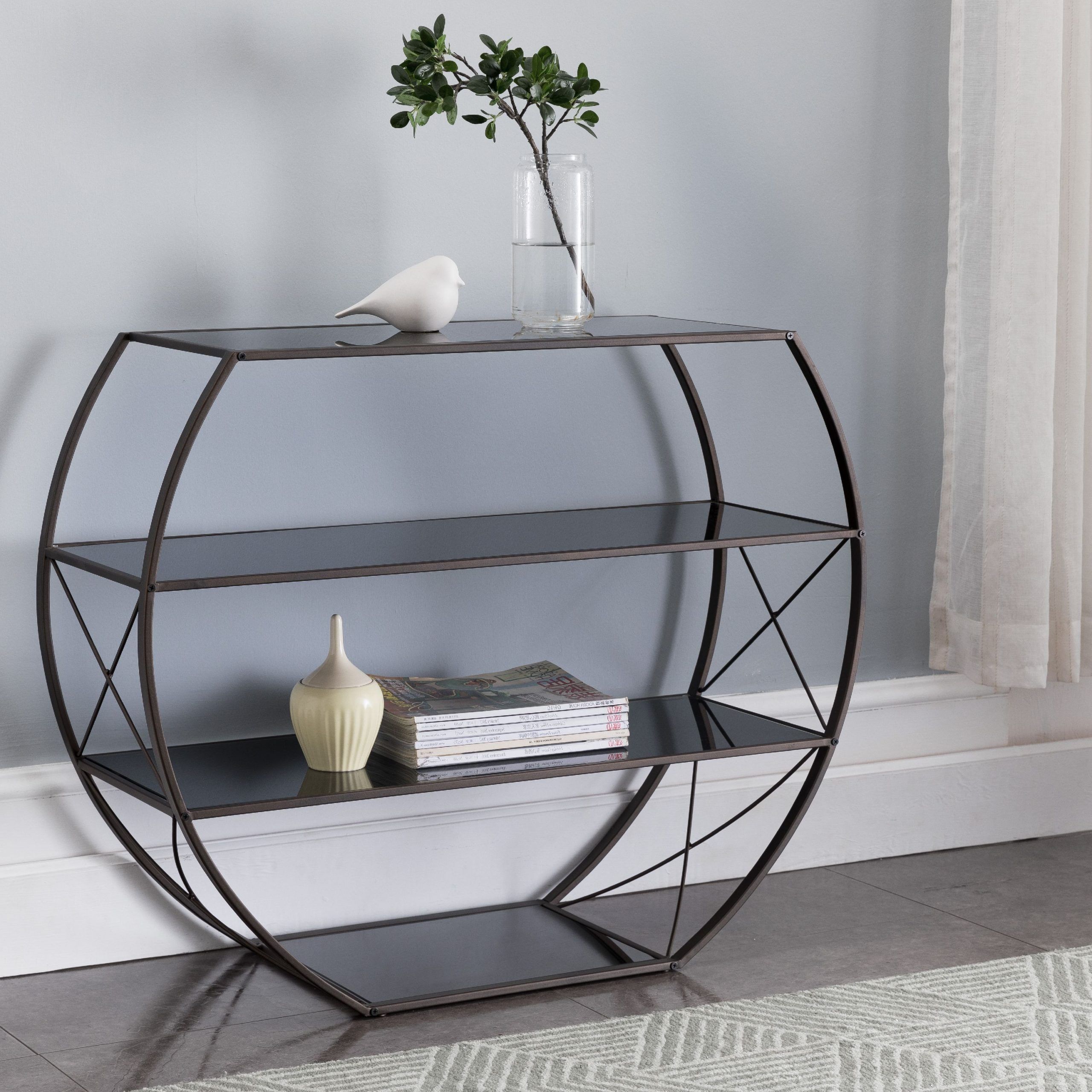 Parker Entryway Console Table With Storage Shelves, Pewter Metal Frame Pertaining To Black Console Tables (View 19 of 20)