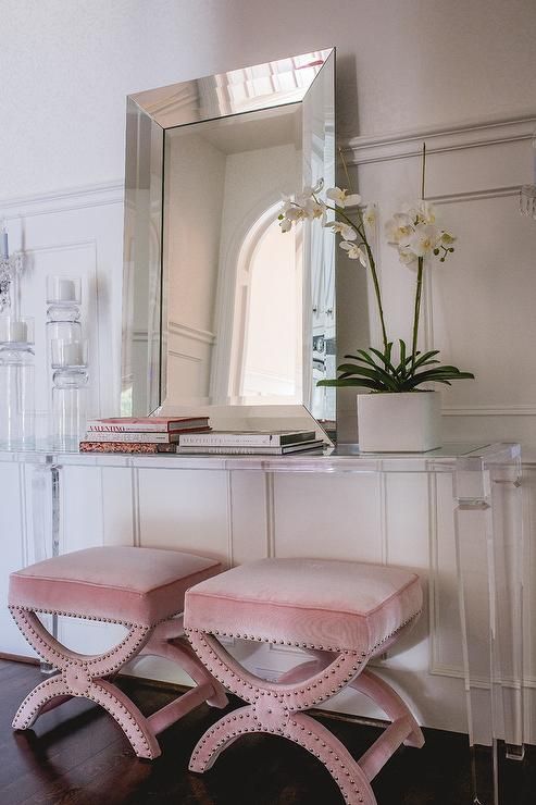 Pink Velvet Stools Under Lucite Console Table – Contemporary – Entrance Intended For Silver And Acrylic Console Tables (View 13 of 20)
