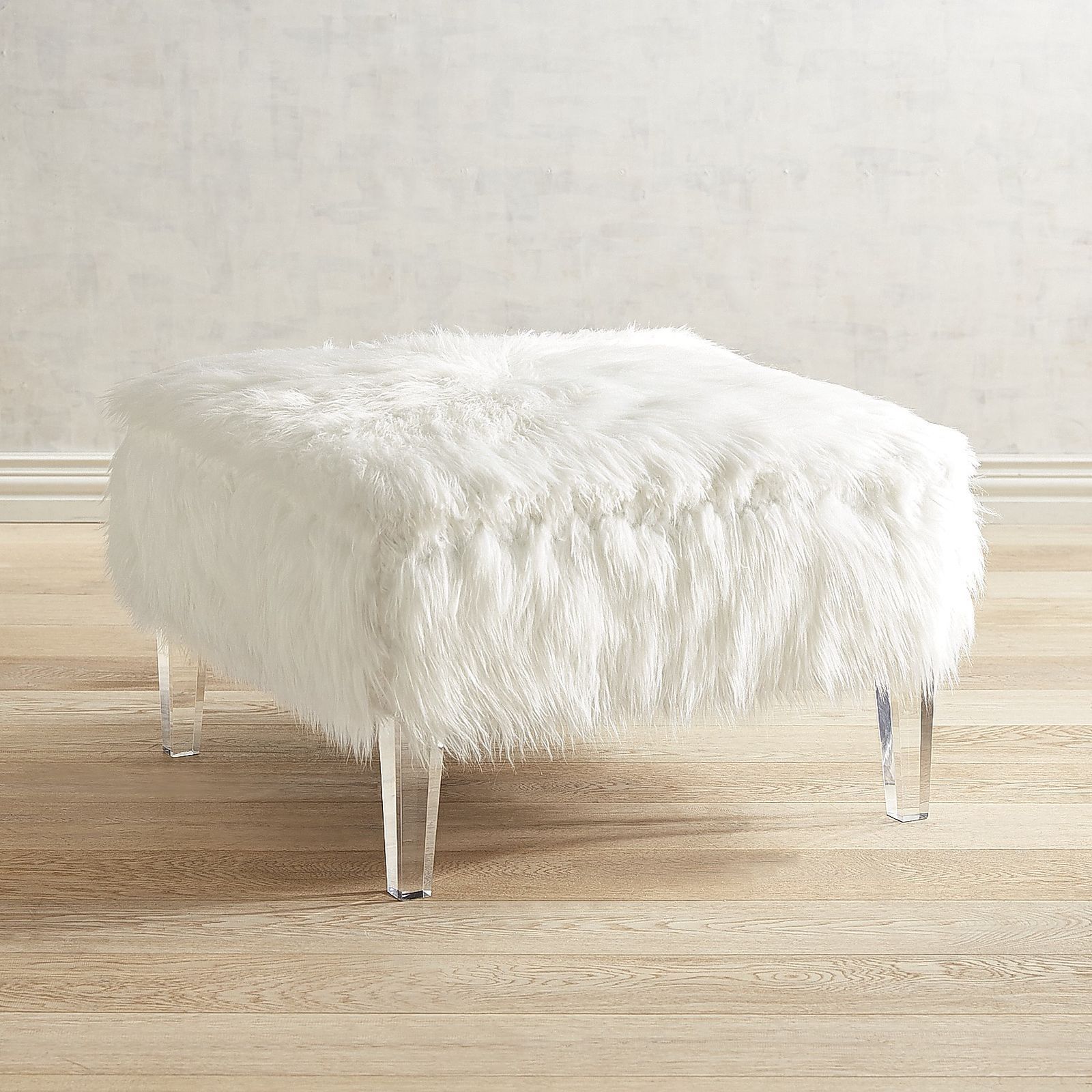 Pisa White Faux Fur & Acrylic Square Ottoman | Ottoman, Cool Furniture With Regard To Charcoal Brown Faux Fur Square Ottomans (View 4 of 20)