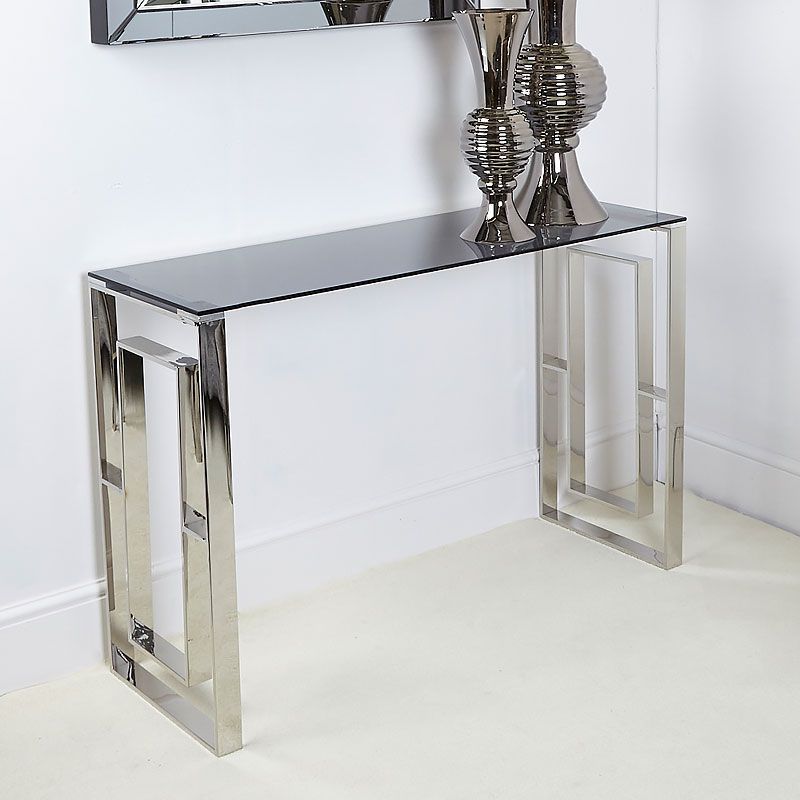 Plaza Contemporary Stainless Steel Smoked Glass Console Display Table Inside Geometric Glass Modern Console Tables (View 6 of 20)
